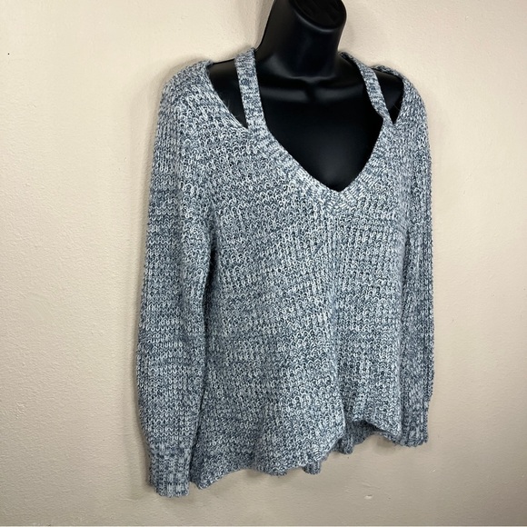 Large Derek Heart Blue White Knit V Neck Sweater Cold Shoulder  Casual - Picture 4 of 8